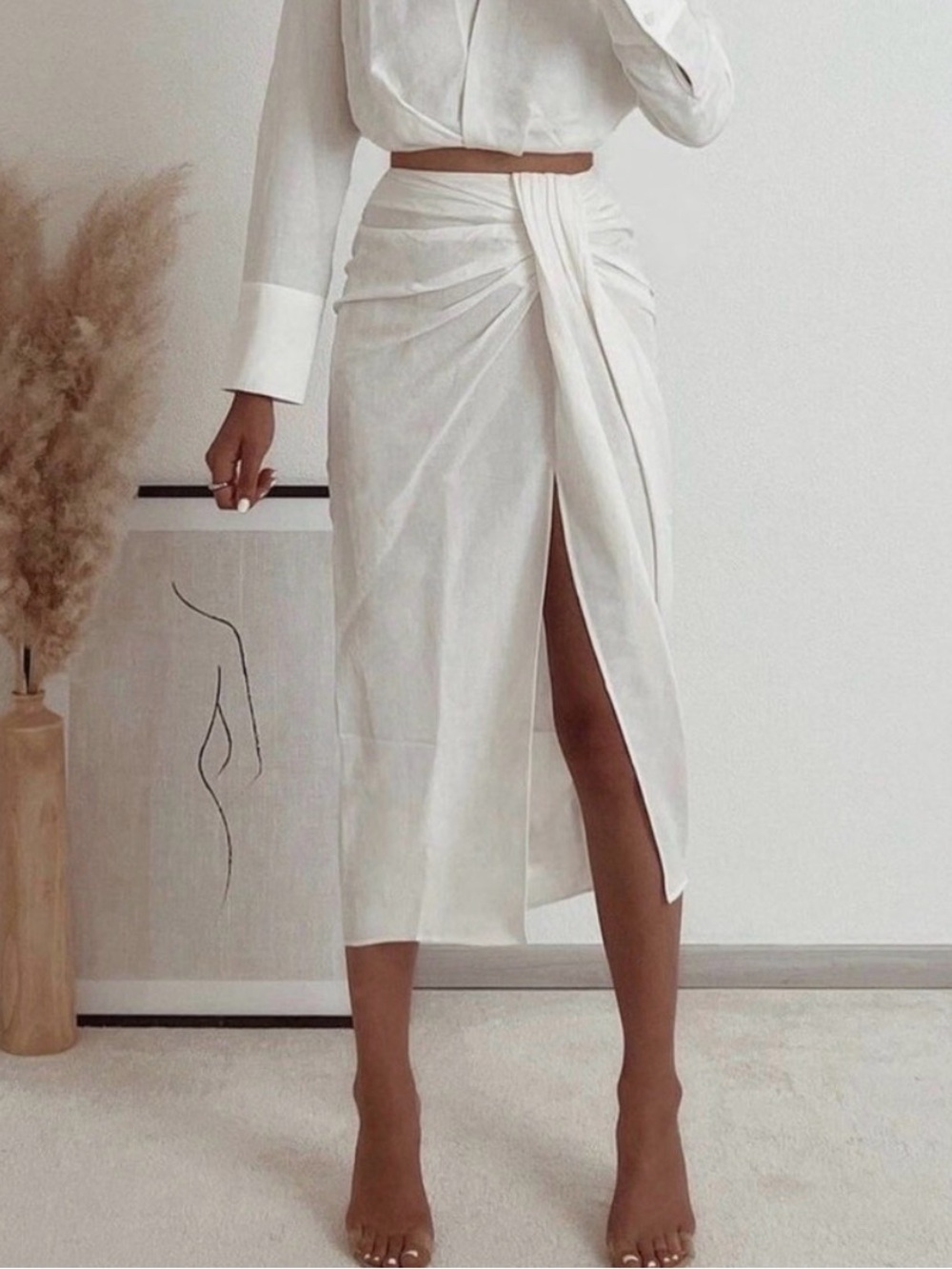 Zara White Midi Wrap Skirt with Front Drape and Thigh Slit